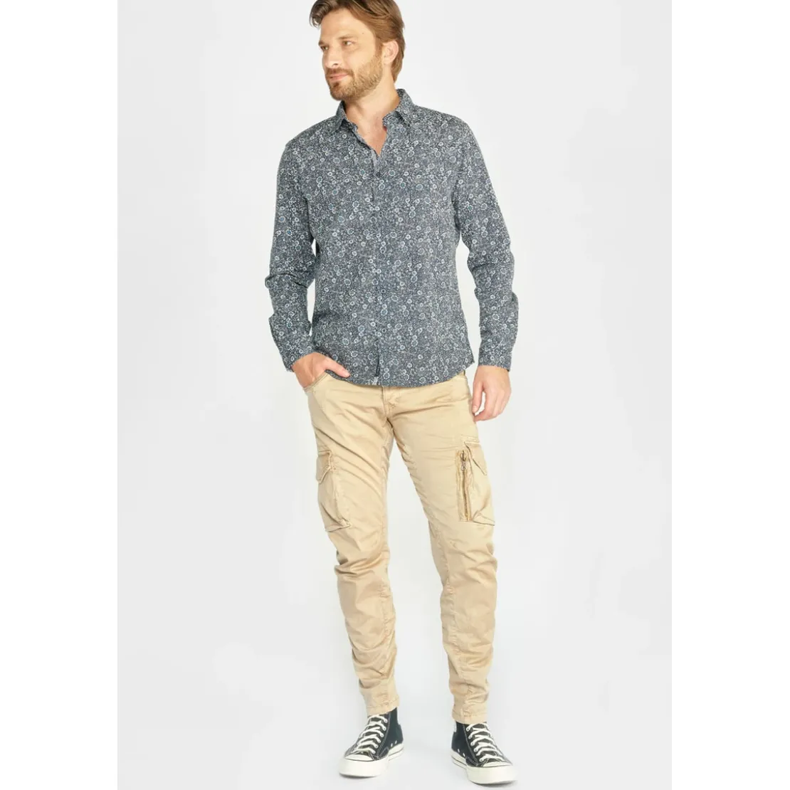 Le Temps des CerisesPantalon Cargo Alban beige blanc en coton