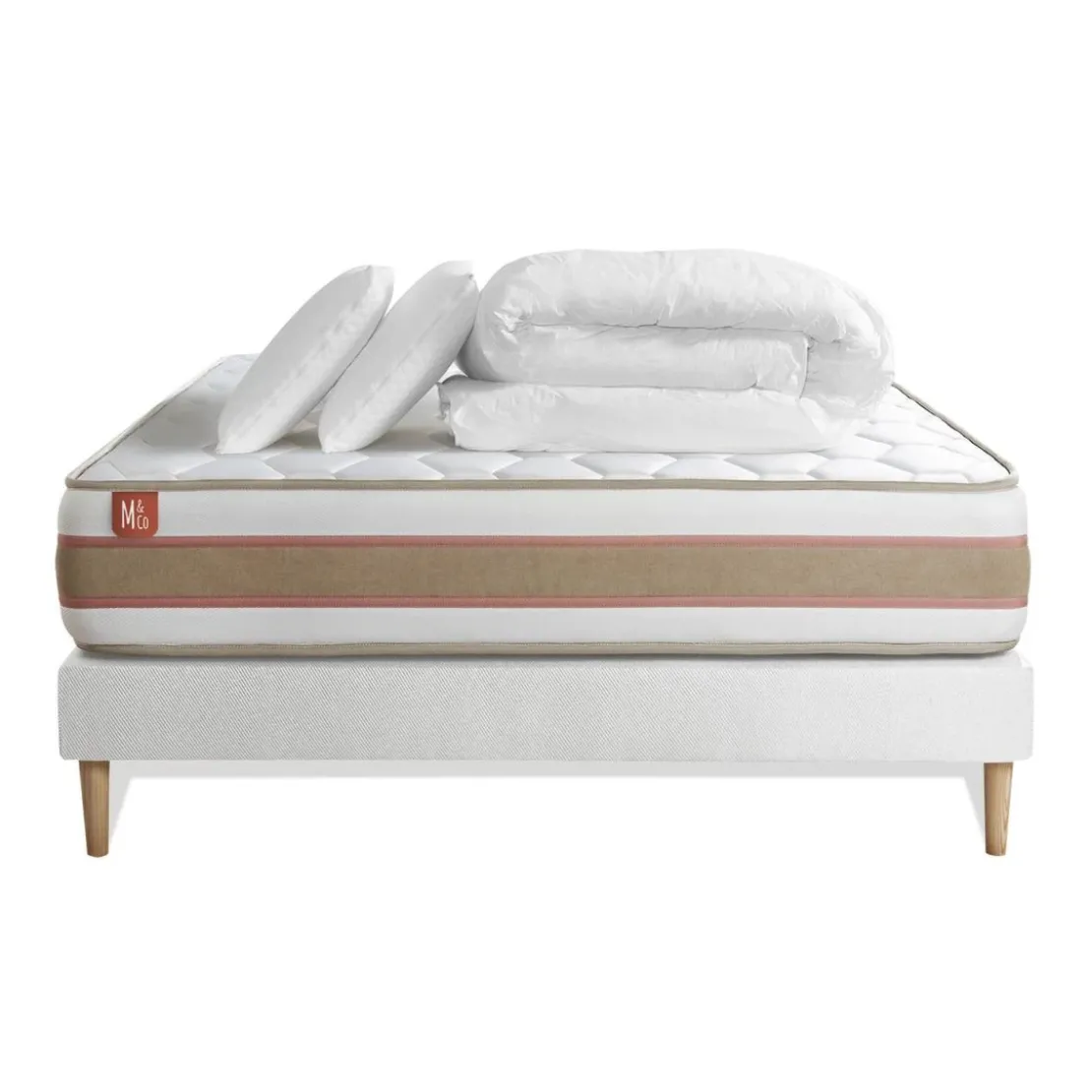 Marmottes & CoPack prêt a dormir matelas LE DÉLICAT Ressorts ensaches et Memoire de forme sommier Blanc avec 2 oreillers couette