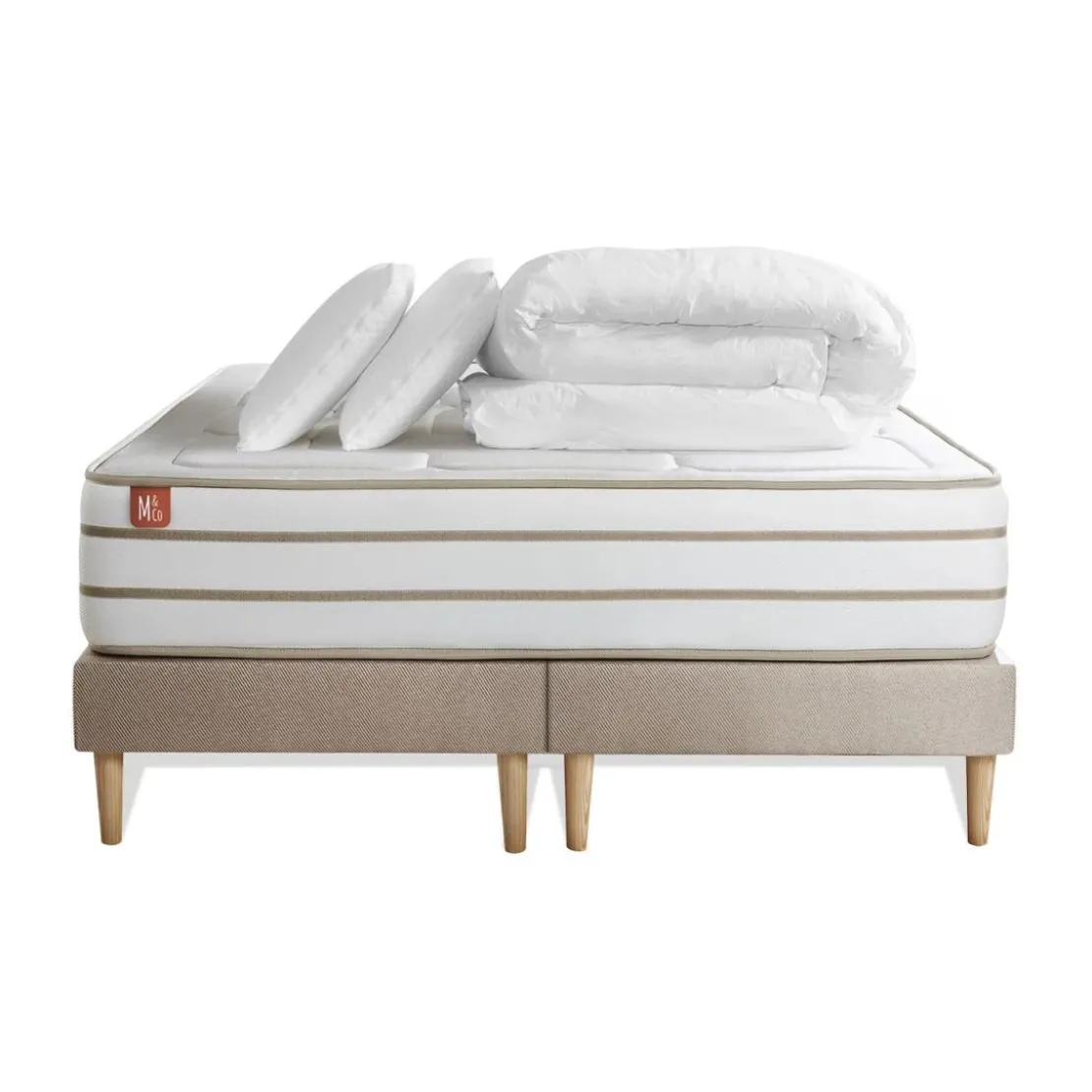 Marmottes & CoPack prêt a dormir matelas LE DOUILLET Memoire de forme BioVisco double sommiers Beige 2 oreillers couette