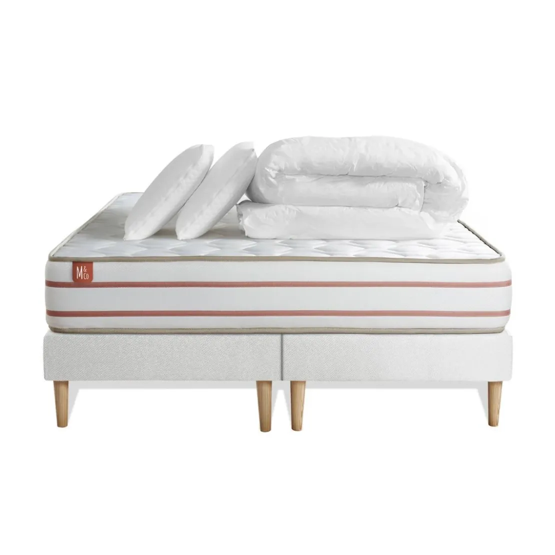 Marmottes & CoPack prêt a dormir matelas LE DOUX Memoire de forme double sommiers Blanc 2 oreillers couette