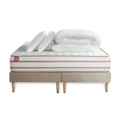 Marmottes & CoPack prêt a dormir matelas LE DOUX Memoire de forme double sommiers Beige 2 oreillers couette