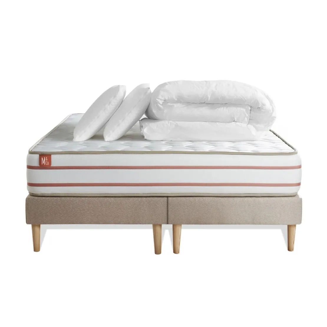 Marmottes & CoPack prêt a dormir matelas LE DOUX Memoire de forme double sommiers Beige 2 oreillers couette