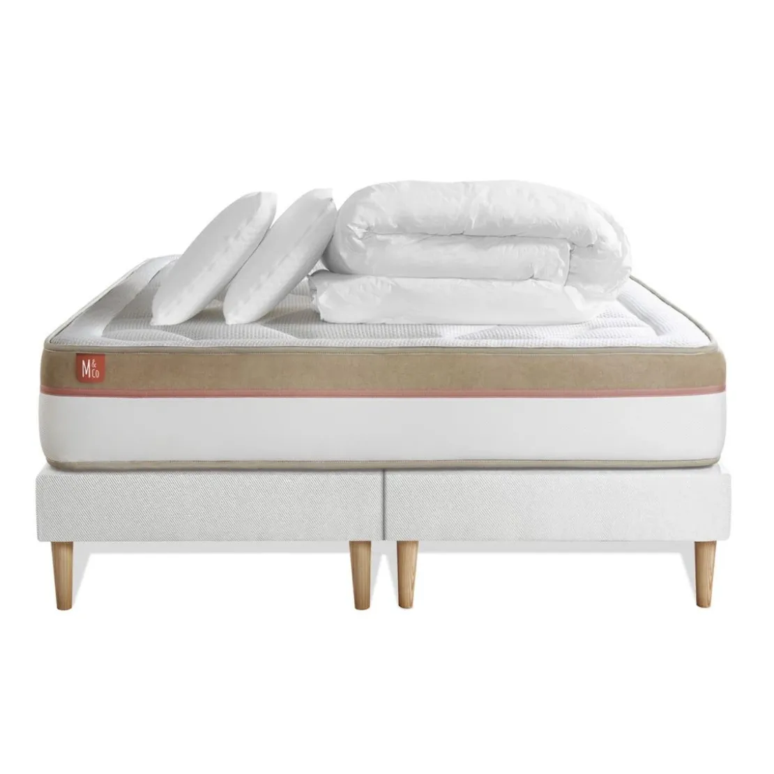 Marmottes & CoPack prêt a dormir matelas Memoire de forme double sommiers Blanc, 2 oreillers,couette