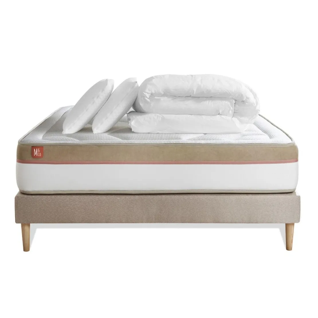 Marmottes & CoPack prêt a dormir matelas LE COSY Memoire de forme sommier kit Beige 2 oreillers, couette