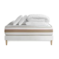 Marmottes & CoPack prêt a dormir matelas LE TENDRE Ressorts ensaches Memoire de forme sommier Blanc, 2 oreillers couette