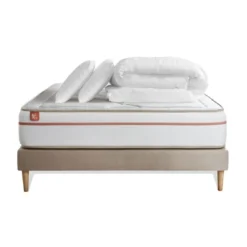 Marmottes & CoPack prêt a dormir matelas LE PAISIBLE Memoire de forme BioVisco sommier Beige 2 oreillers couette