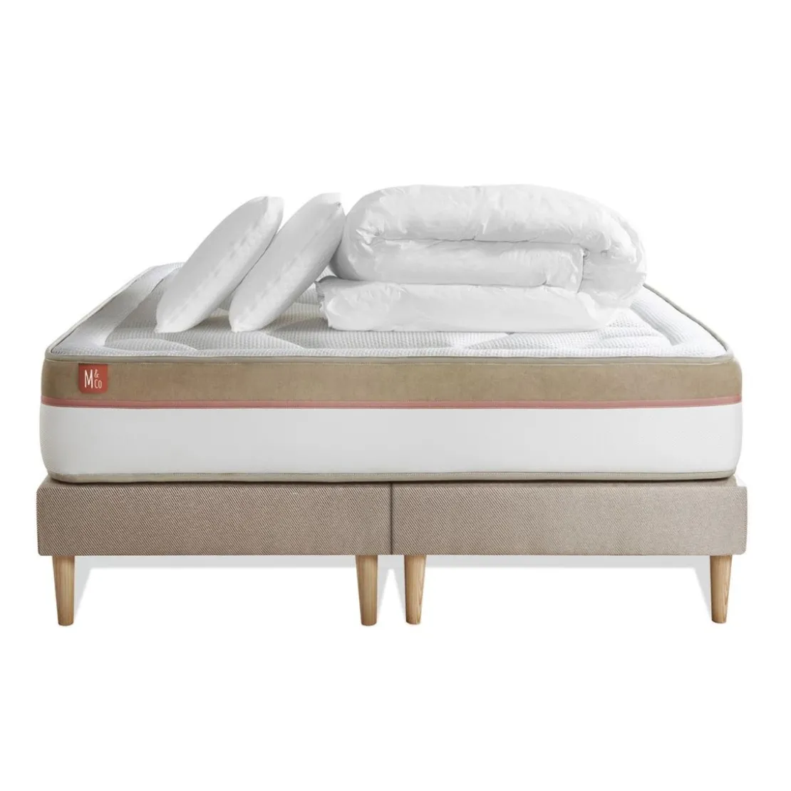 Marmottes & CoPack prêt a dormir matelas Memoire de forme double sommiers Beige 2 oreillers couette