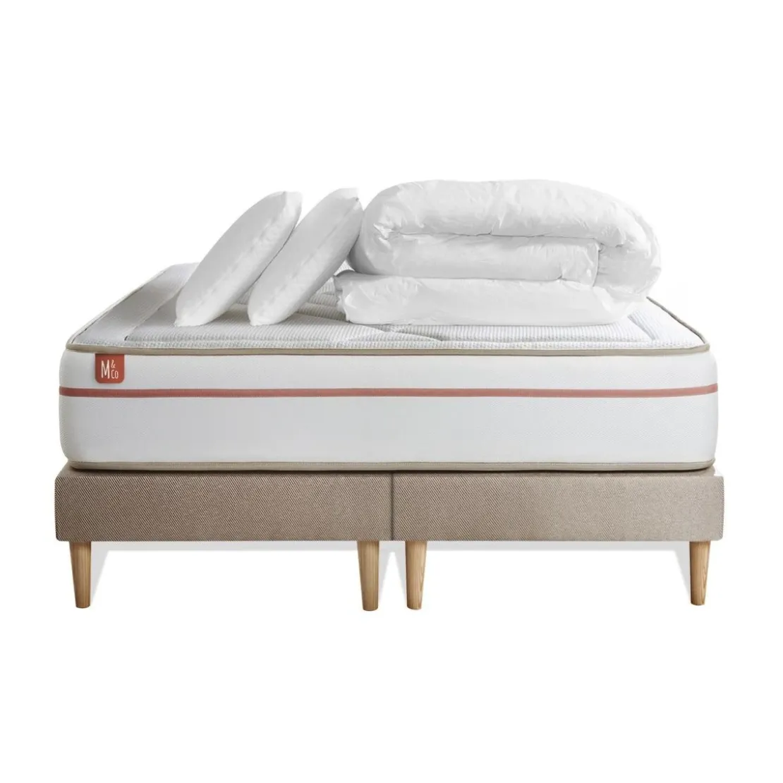 Marmottes & CoPack prêt a dormir matelas LE PAISIBLEMemoire de forme BioVisco double sommiers Beige 2 oreillers couette