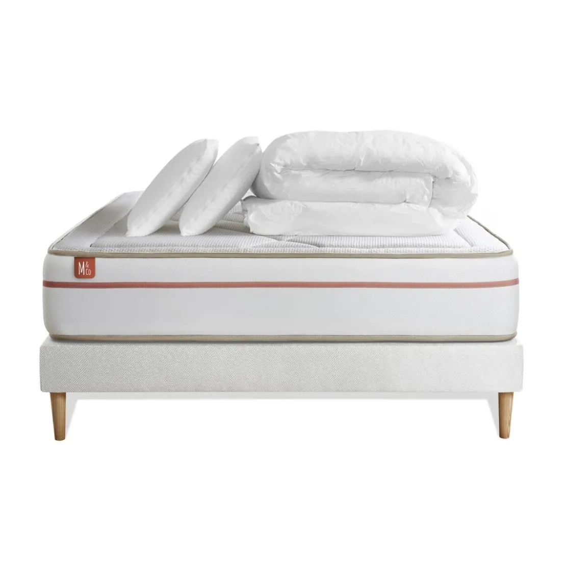 Marmottes & CoPack prêt a dormir matelas LE PAISIBLE Memoire de forme BioVisco sommier Blanc 2 oreillers couette