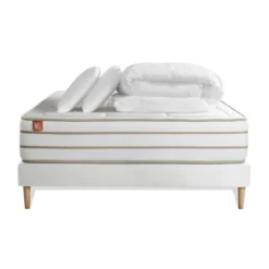 Marmottes & CoPack prêt a dormir matelas LE DOUILLET Memoire de forme BioVisco sommier kit Blanc 2 oreillers couette