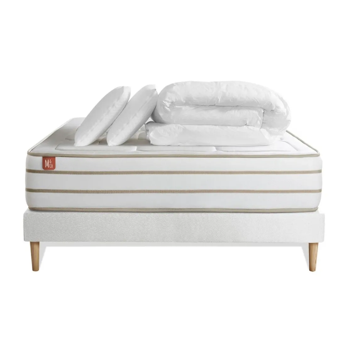Marmottes & CoPack prêt a dormir matelas LE DOUILLET Memoire de forme BioVisco sommier kit Blanc 2 oreillers couette