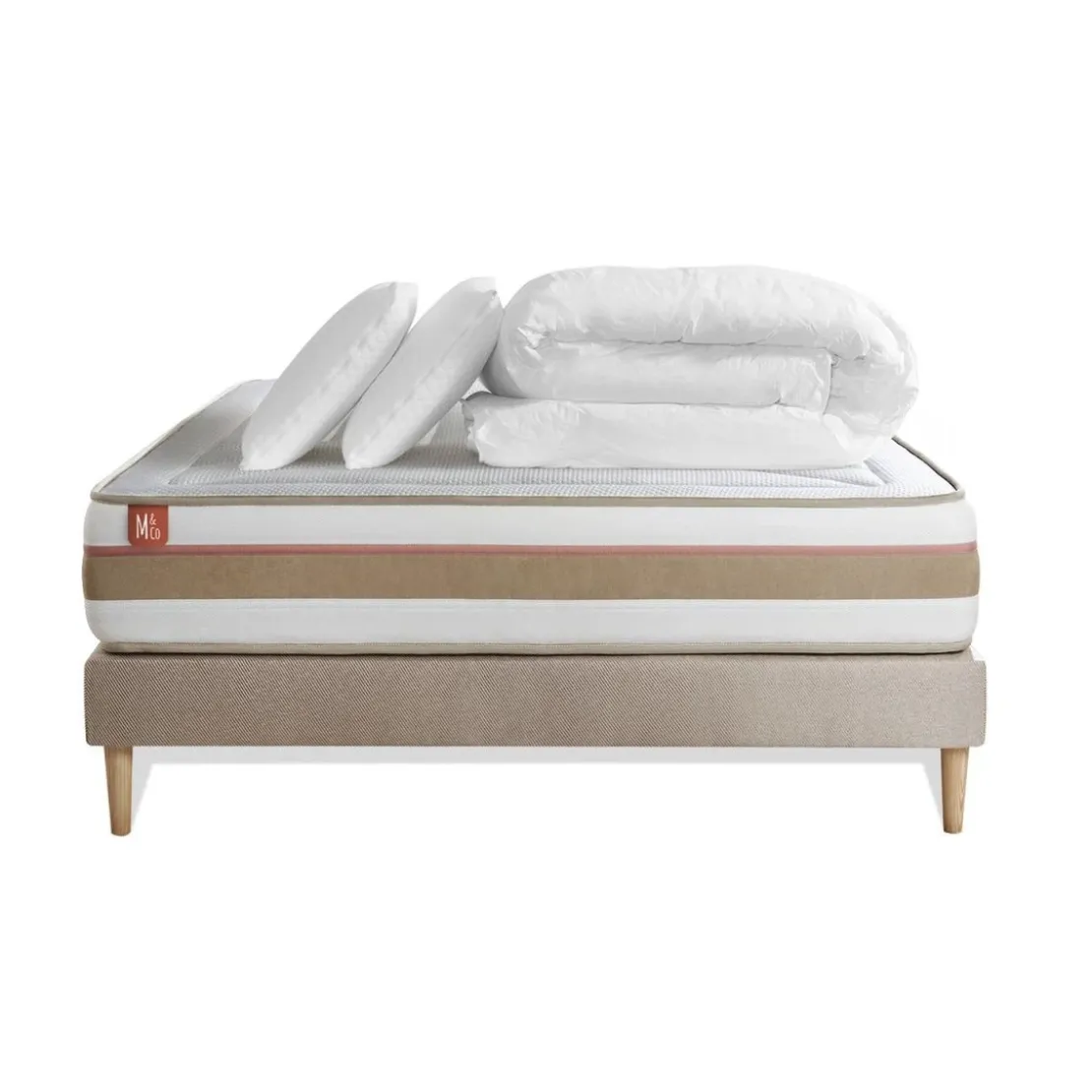 Marmottes & CoPack prêt a dormir matelas LE TENDRE Ressorts ensaches Memoire de forme sommier Beige,2 oreillers couette