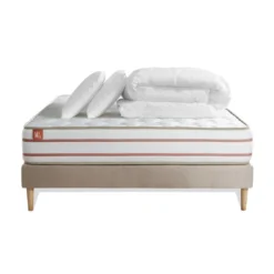Marmottes & CoPack prêt a dormir matelas LE DOUX Memoire de forme sommier Beige 2 oreillers couette