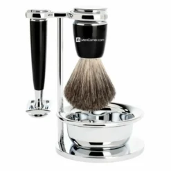 Mencorner.ComSet de Rasage 4 pièces Noir Rasoir de Sécurité avec Bol - Blaireau Pure Badger-Mencorner