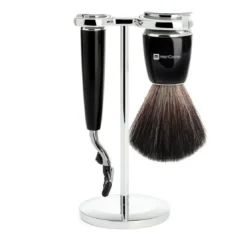 Mencorner.ComSET DE RASAGE 3 PIECES NOIR DESIGN - Lames Mach 3®-Mencorner1 blaireau, 1 rasoir, 1 stand