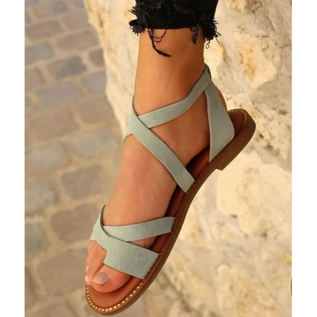 Mes jolis nu piedsSandales fines brides femme cuir vert d’eau