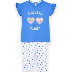 Mon P'tit DodoEnsemble Pyjama Filette corsaire haut imprimé avant et bas imprimé bleu