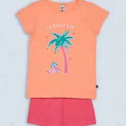 Mon P'tit DodoEnsemble Pyjama short haut imprimé devant et bas uni pêche