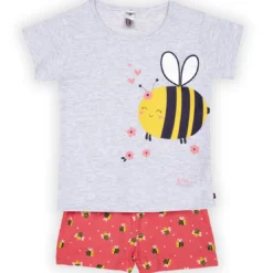 Mon P'tit DodoEnsemble Pyjama filette haut uni avant imprimé devant et short imprimé gris chiné