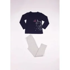 Mon P'tit DodoPyjama Leggings fille en Coton - Bleu Marine Imprimé / Gris Chiné - nuit magique