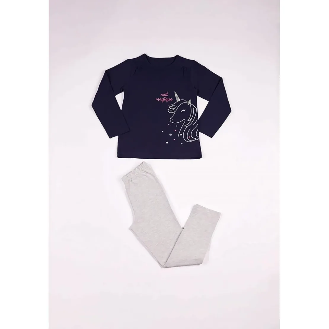 Mon P'tit DodoPyjama Leggings fille en Coton - Bleu Marine Imprimé / Gris Chiné - nuit magique