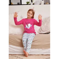 Mon P'tit DodoPyjama Leggings fille- Rose à Motifs Argent, Bleu Marine/ Bleu Clair et Motifs Colorés- Étoiles en coton