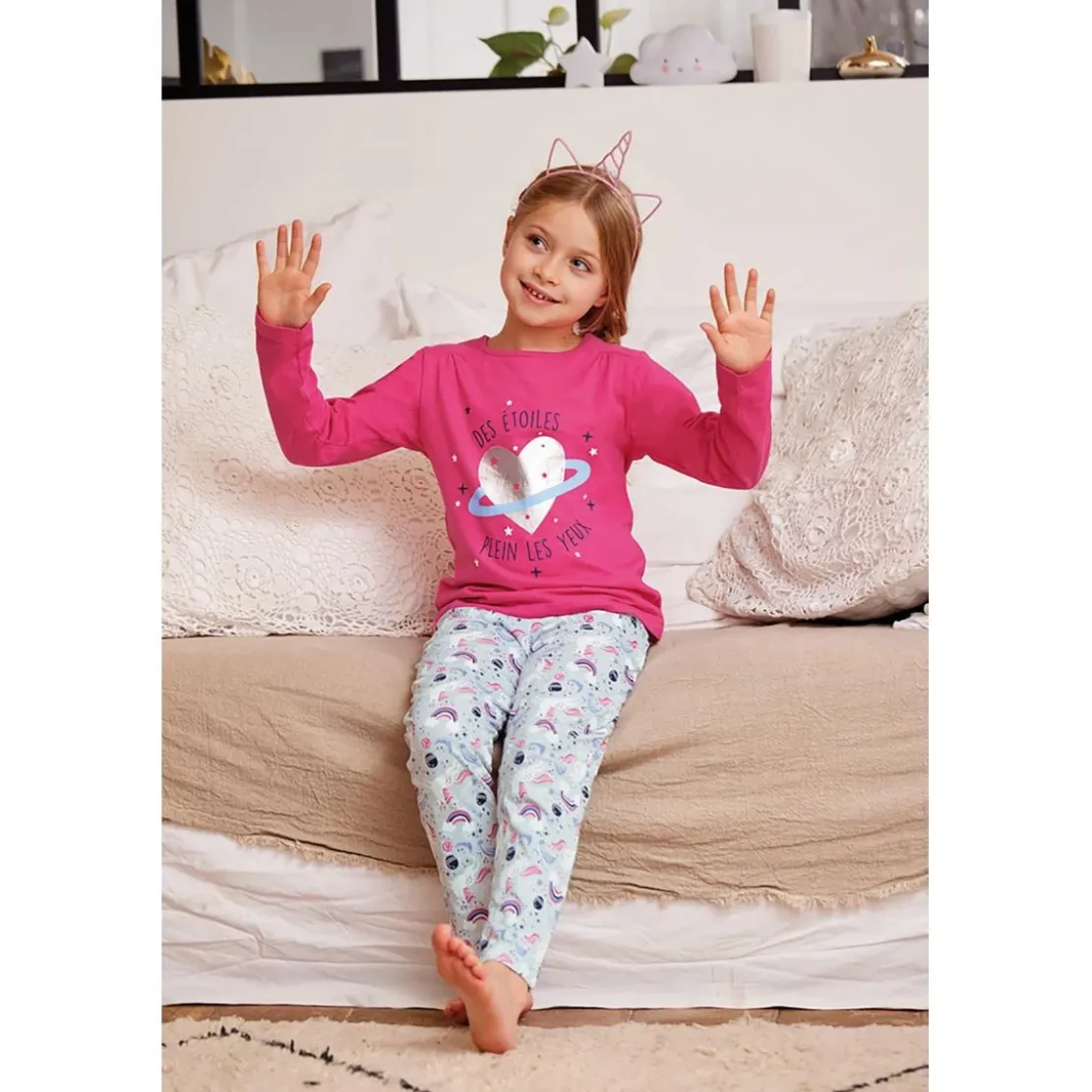 Mon P'tit DodoPyjama Leggings fille- Rose à Motifs Argent, Bleu Marine/ Bleu Clair et Motifs Colorés- Étoiles en coton