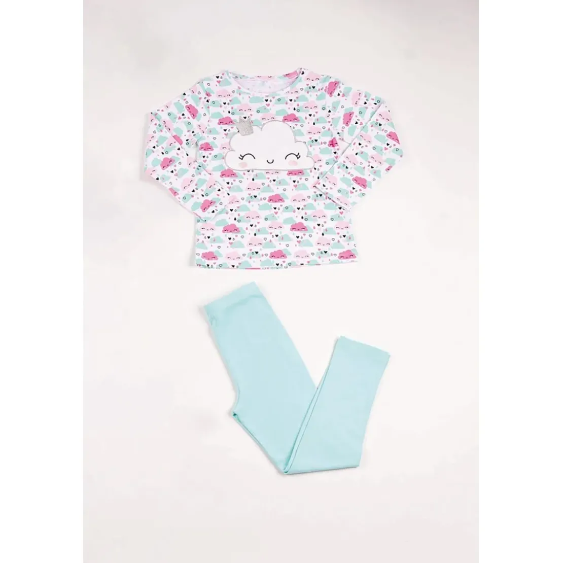 Mon P'tit DodoPyjama Long fille en Coton - Blanc Imprimé / Vert Aqua