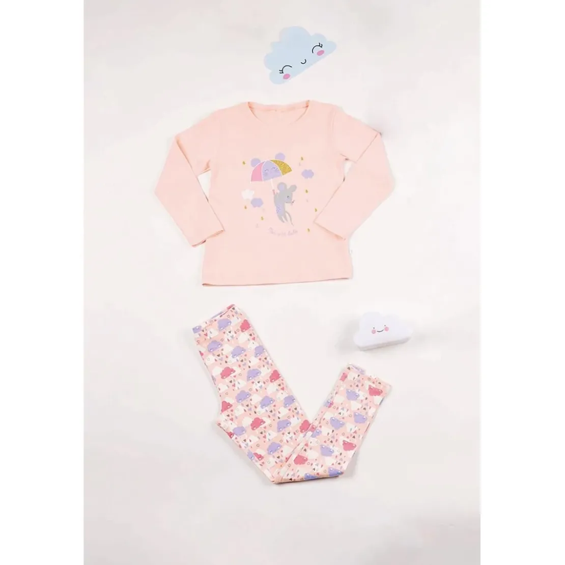 Mon P'tit DodoPyjama Long fille - Nude à Motifs Colorés - Pluie et Petite Souris en coton