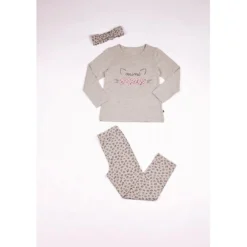Mon P'tit DodoPyjama Long fille avec Bandeau en Coton - Gris Imprimés Animaliers