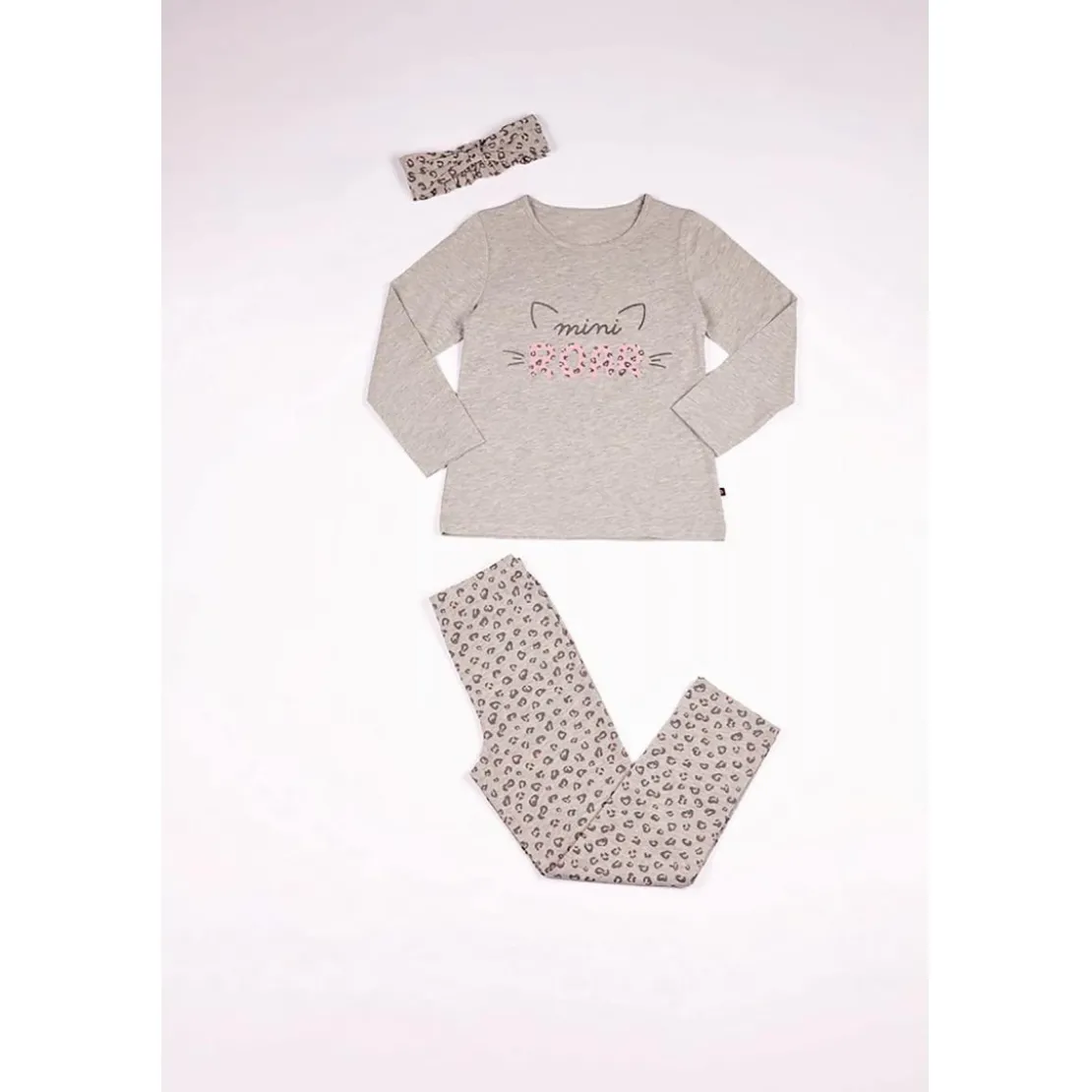 Mon P'tit DodoPyjama Long fille avec Bandeau en Coton - Gris Imprimés Animaliers