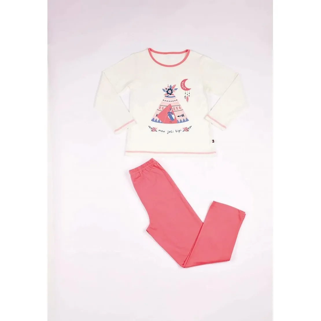 Mon P'tit DodoPyjama Long fille en Coton - Écru - Corail - mon joli tipi