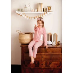 Mon P'tit DodoPyjama Long fille en Coton - Rose Imprimé et Détails en Relief - félin moi un câlin un