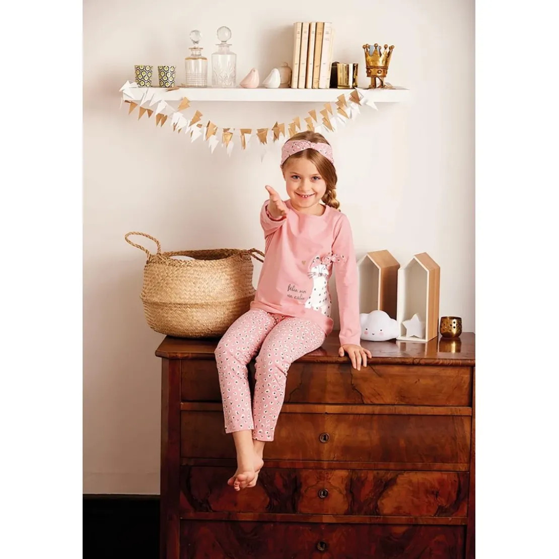 Mon P'tit DodoPyjama Long fille en Coton - Rose Imprimé et Détails en Relief - félin moi un câlin un