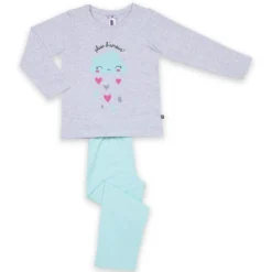 Mon P'tit DodoPyjama Long fille en Coton - Gris Chiné Imprimé / Vert Aqua - pluie d'amour !