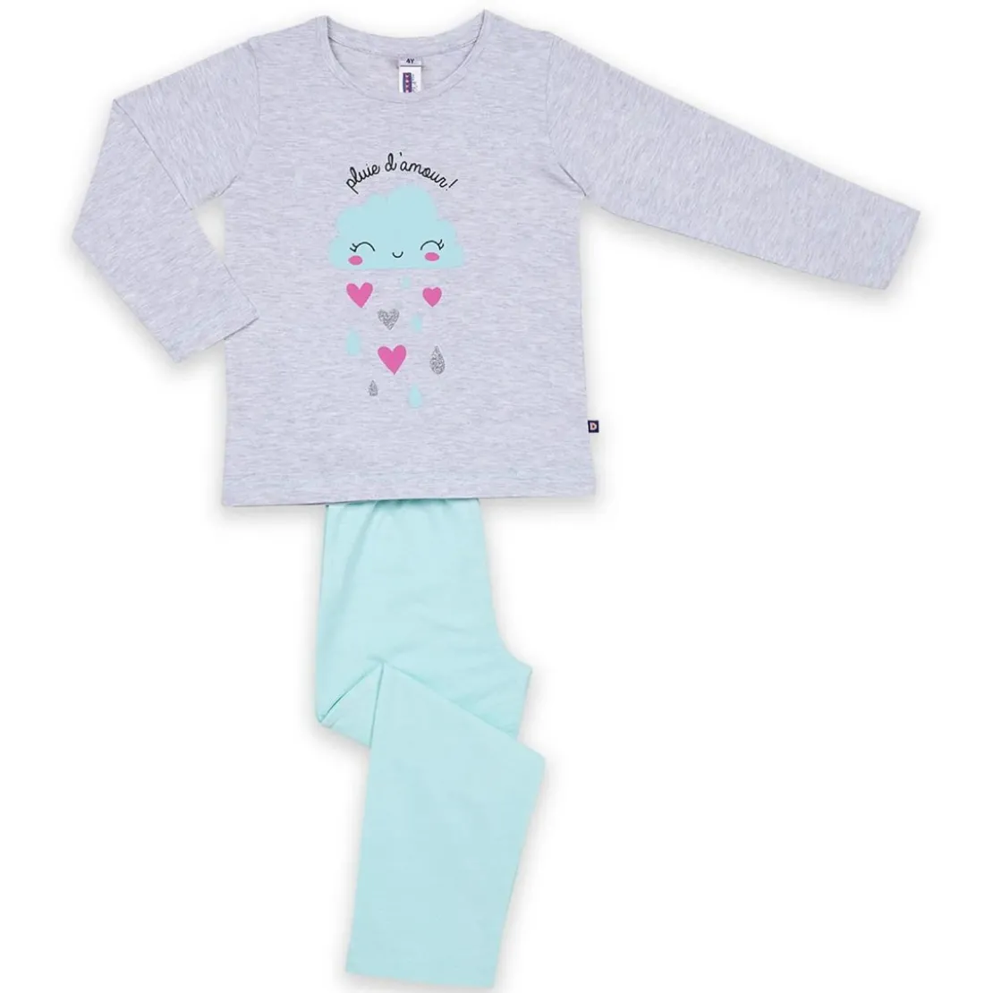 Mon P'tit DodoPyjama Long fille en Coton - Gris Chiné Imprimé / Vert Aqua - pluie d'amour !