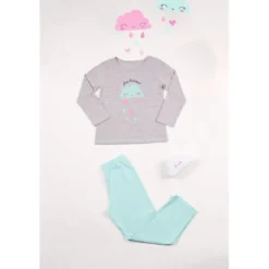 Mon P'tit DodoPyjama Long fille en Coton - Gris Chiné Imprimé / Vert Aqua - pluie d'amour !