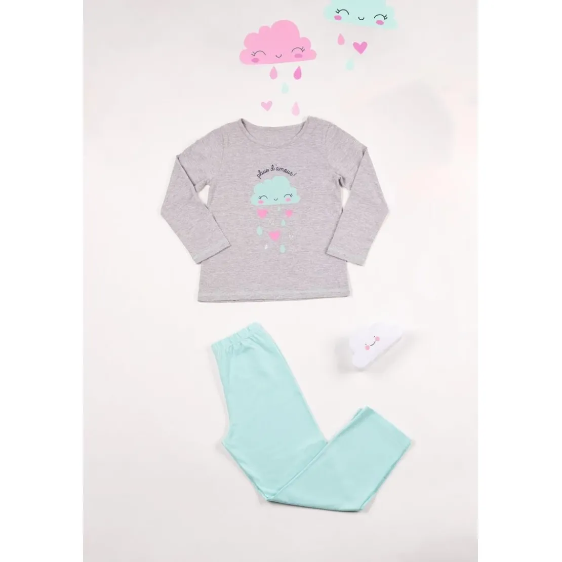 Mon P'tit DodoPyjama Long fille en Coton - Gris Chiné Imprimé / Vert Aqua - pluie d'amour !