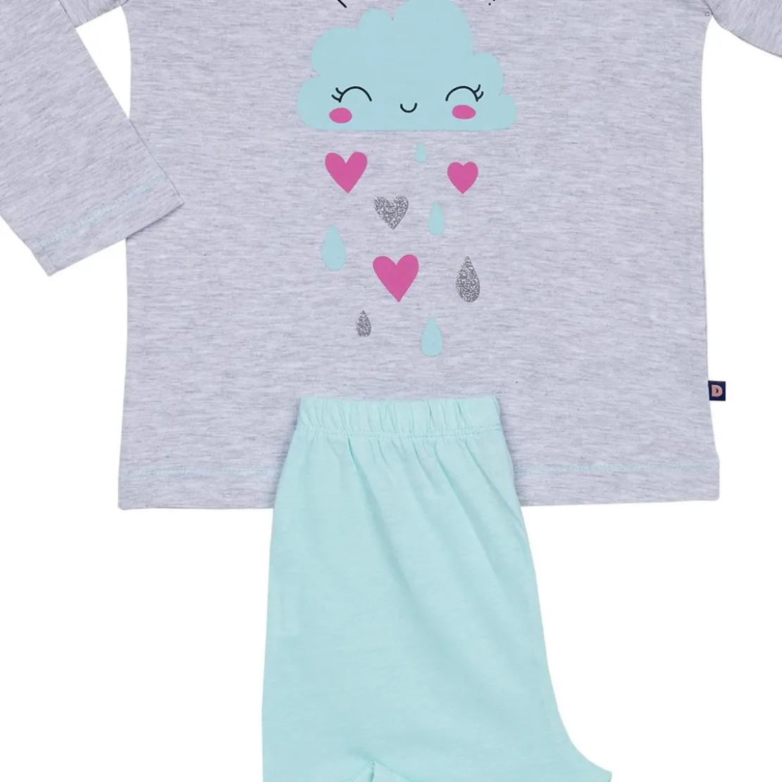 Mon P'tit DodoPyjama Long fille en Coton - Gris Chiné Imprimé / Vert Aqua - pluie d'amour !