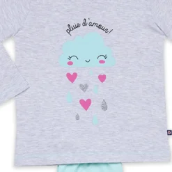Mon P'tit DodoPyjama Long fille en Coton - Gris Chiné Imprimé / Vert Aqua - pluie d'amour !