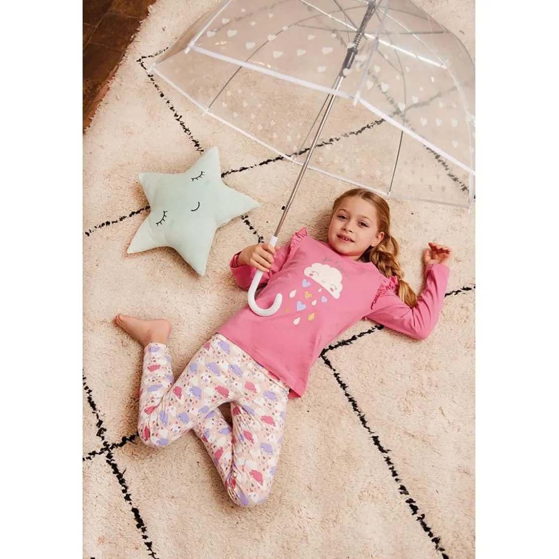 Mon P'tit DodoPyjama Long fille en Coton - Rose Imprimé - Pluie d'amour !