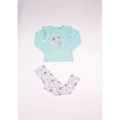 Mon P'tit DodoPyjama Long fille - Vert Aqua à Motifs Colorés - Pluie et Petite Sourisbleu clair en coton