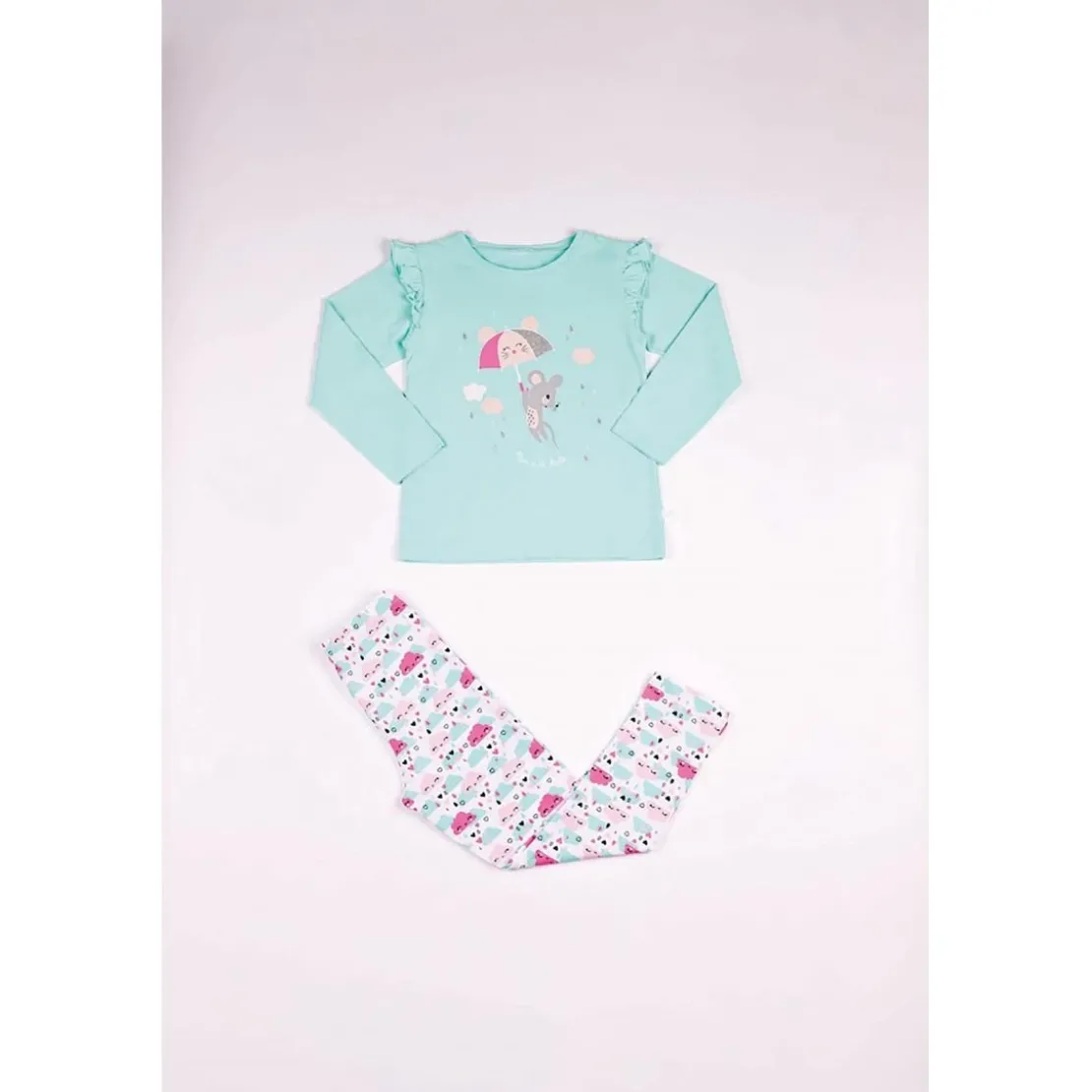 Mon P'tit DodoPyjama Long fille - Vert Aqua à Motifs Colorés - Pluie et Petite Sourisbleu clair en coton