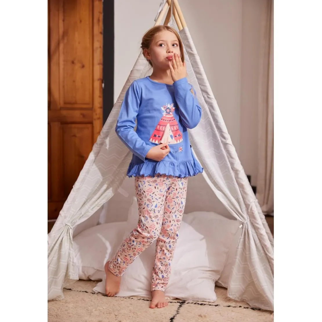 Mon P'tit DodoPyjama Long fille en Coton - Bleu Imprimé / Nude Imprimé - Tipi