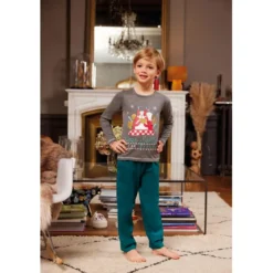 Mon P'tit DodoPyjama Long Garçon en Coton - Gris Chiné Imprimé / Vert
