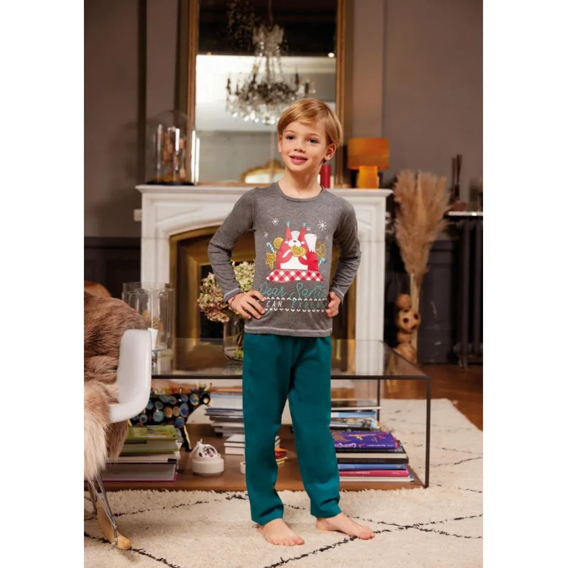 Mon P'tit DodoPyjama Long Garçon en Coton - Gris Chiné Imprimé / Vert