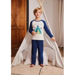 Mon P'tit DodoPyjama Long Garçon en Coton - Blanc et Bleu Imprimé/ Bleu - mini aventurier