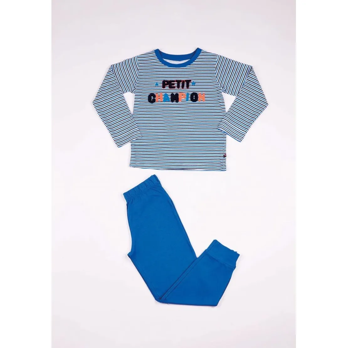 Mon P'tit DodoPyjama Long Garçon en Coton - à Rayures - Bleu - Noir et Blanc - Petit champion