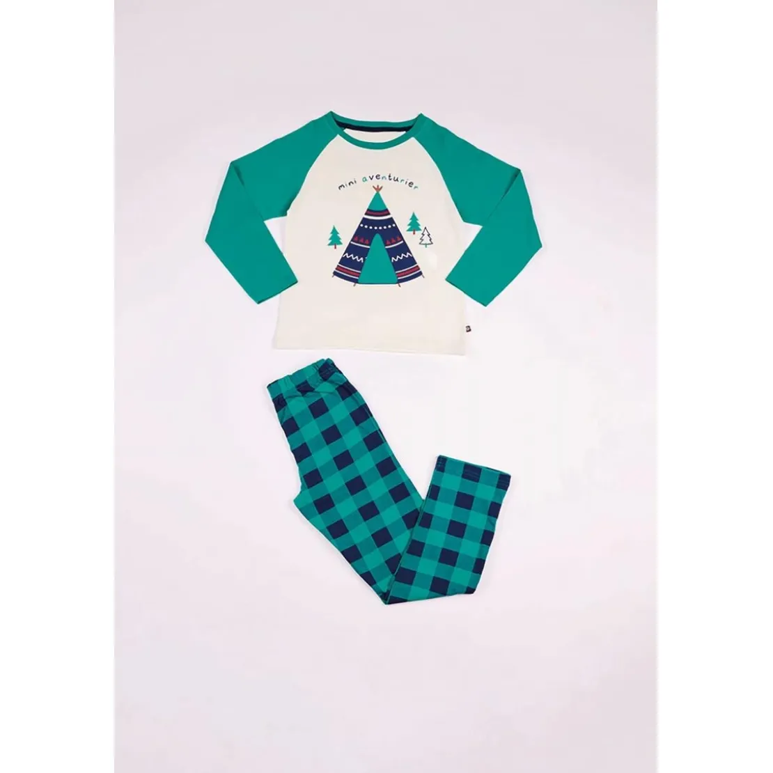 Mon P'tit DodoPyjama Long Garçon en Coton - Blanc et Vert Imprimé / Vert à Carreaux - mini aventurier