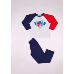 Mon P'tit DodoPyjama Long Garçon en Coton - Blanc - Bleu marine - Rouge Imprimé/ Bleu Marine